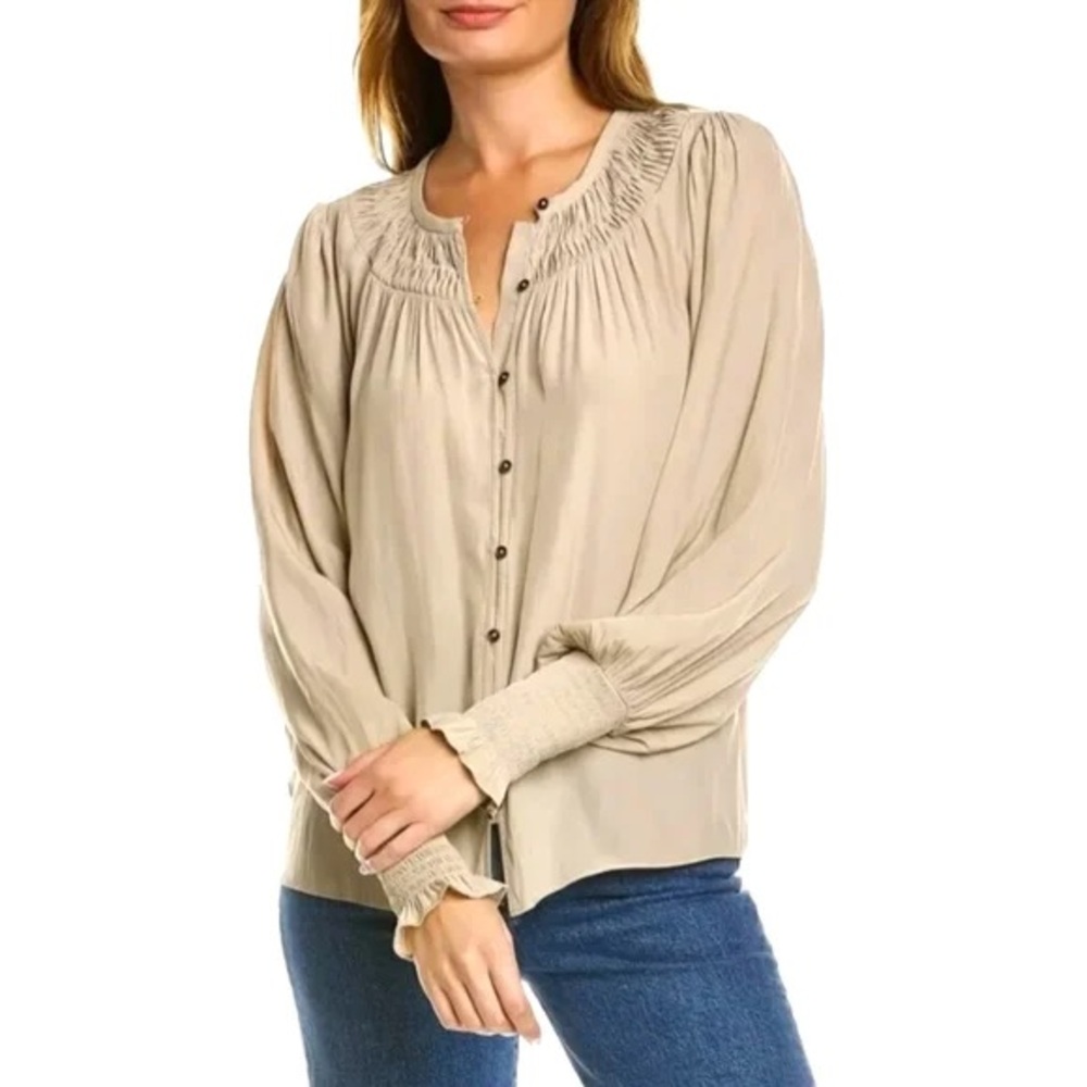 Ramy Brook Beige Long-Sleeve Smocked Yoke Blouse medium - Picture 7 of 7